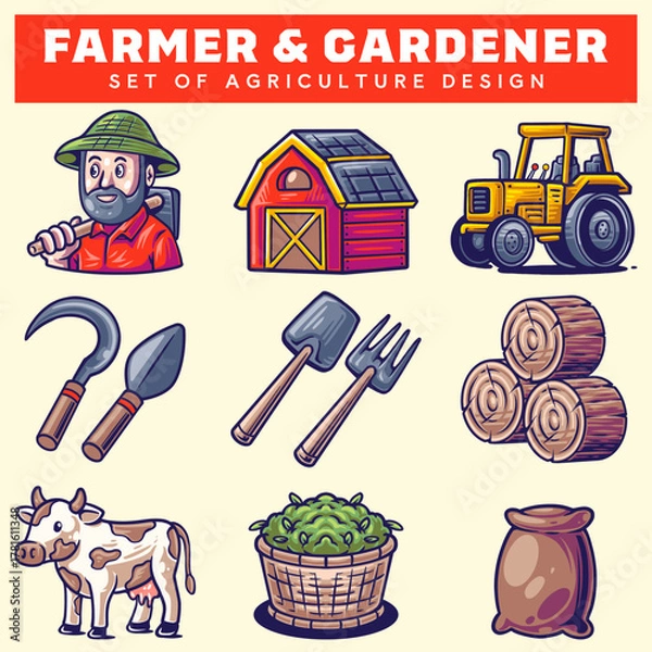 Fototapeta Farmer and Gardener Equipment Collection. Agriculture with Cow, Barn, Tractor. Set Element for Countryside. Rural Farm Tools in Cartoon Colorful Color