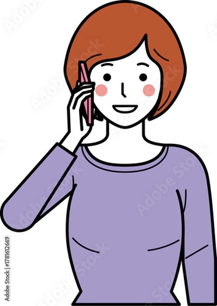 Fototapeta 正面向き。スマホで電話するカットソーの若い女性。