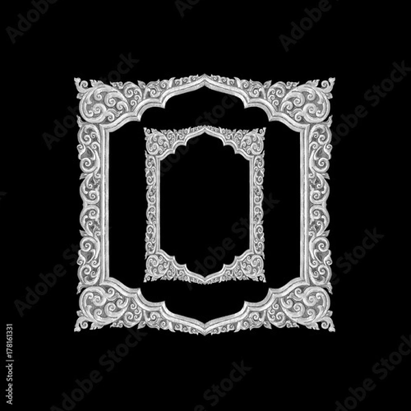 Fototapeta old decorative silver frame - handmade, engraved - isolated on black  background