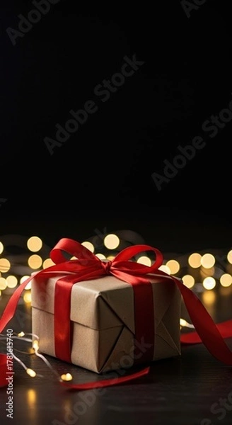 Fototapeta Beautifully wrapped gift box adorned with a festive ribbon, surrounded by gentle celebratory bokeh lights, symbolizing joy and giving ,box ,special ,generosity