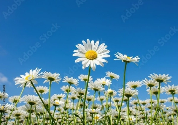 Obraz Bright field of cheerful white daisies with yellow centers under clear sky, signaling the joyful arrival of spring season ,sunny ,delicate ,beautiful