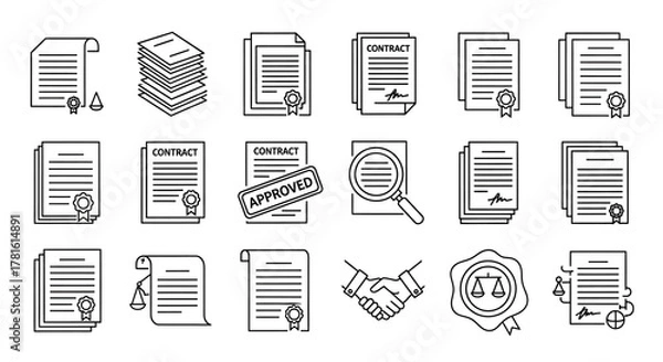 Obraz Collection of legal documents and contracts in line art style isolated on white background