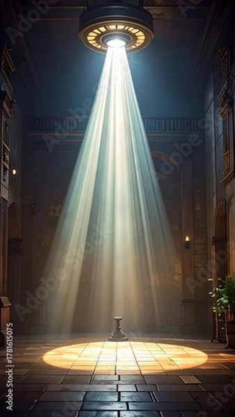 Obraz Bright ray of light shines from a ceiling fixture onto a pedestal in a corridor