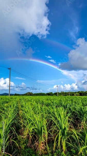 Fototapeta Bright rainbow arches over field of tall grass under a sky of blue and white clouds