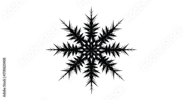 Fototapeta Intricate black snowflake silhouette with sharp spiky branches against a white background