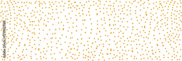 Fototapeta Abstract pattern of scattered gold-colored dots on a white background forming a dynamic, random texture. Modern minimalistic background for design, technology, or digital art concepts.