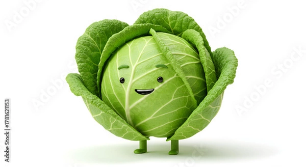 Fototapeta Cute Cabbage Character with Happy Face and Arms.