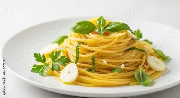 Fototapeta Classic spaghetti with fresh basil garlic and parsley on a white plate
