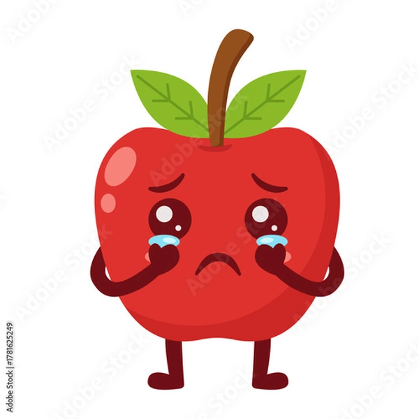 Obraz Crying Apple Cartoon Character with Tears Flat Illustration