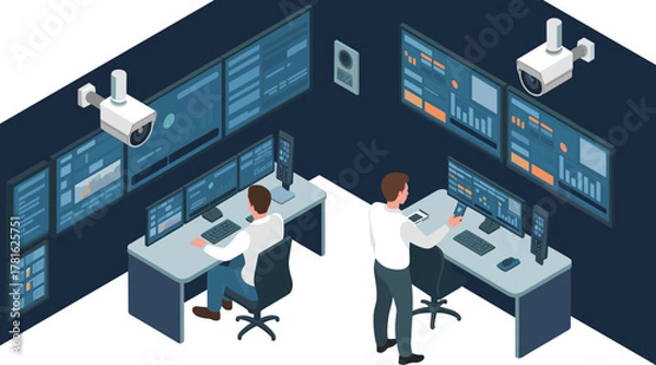 Fototapeta Isometric illustration of modern security operations center with analysts monitoring multiple screens, cybersecurity data, and surveillance camera control systems, professional workplace