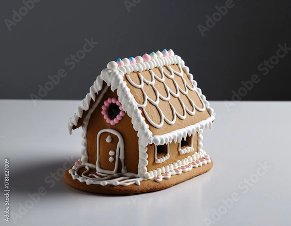 Fototapeta Gingerbread house sits on white surface against gray backdrop, showcasing intricate icing details and festive holiday spirit.