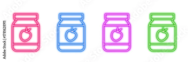 Fototapeta Neon glowing jam jar vector icons set, fruit preserve, jelly, homemade food, sweet snack, vibrant colorful digital design illustration on transparent background.