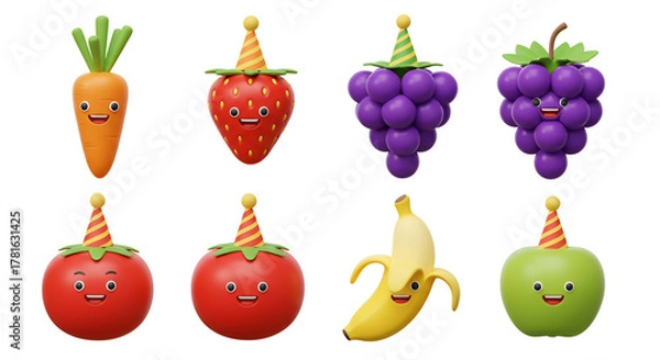 Obraz Cute Cartoon Fruits and Vegetables Wearing Party Hats.
