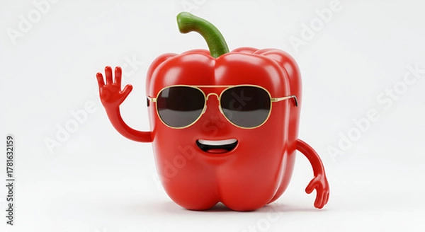Obraz Funny Red Pepper Character Wearing Sunglasses Waving Hello.