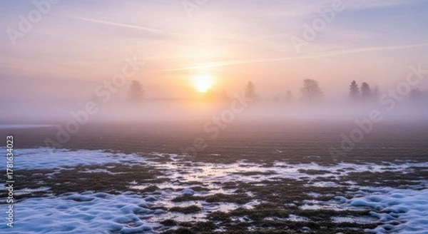 Obraz Golden sunrise over foggy winter field with melting snow and distant trees