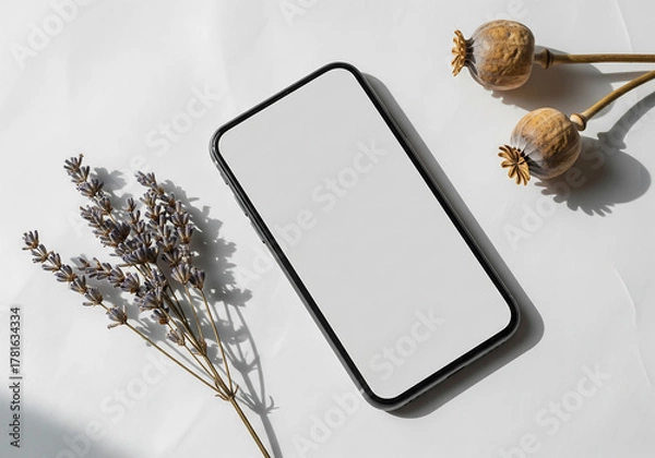 Fototapeta Top View of Smartphone with White Screen on Wrinkled Paper Background with Lavender and Poppy Seed Heads in Harsh Sunlight