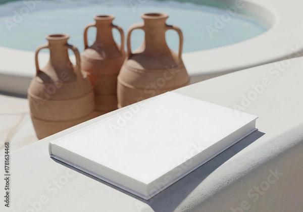 Fototapeta White Book with Blank Cover Near Three Clay Jugs and Swimming Pool in Background Under Bright Sunlight on Stone Surface