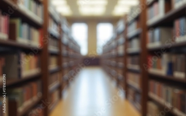 Fototapeta Abstract blurred public library interior space. Blurry room featuring bookshelves through a defocused effect. High quality