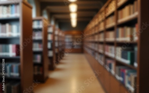 Fototapeta Blurred vintage bookshelves in public library interior. Generative AI. High quality