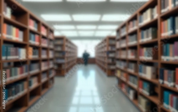 Obraz Abstract blurred public library interior space. blurry room with bookshelves by defocused effect. use for background or backdrop in business or education concepts. High quality