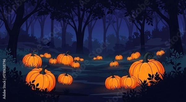 Obraz Enchanted Pumpkin Patch Glowing in a Spooky Forest at Night.