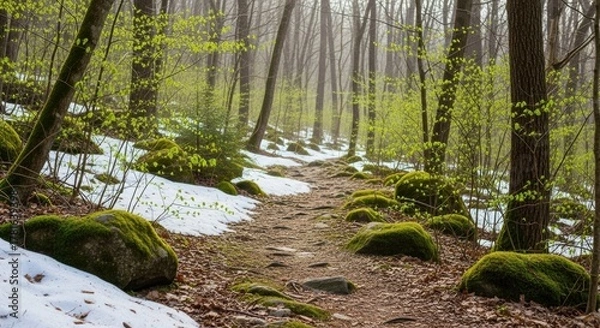 Fototapeta Forest path winding through melting snow and mossy rocks with new green spring leaves