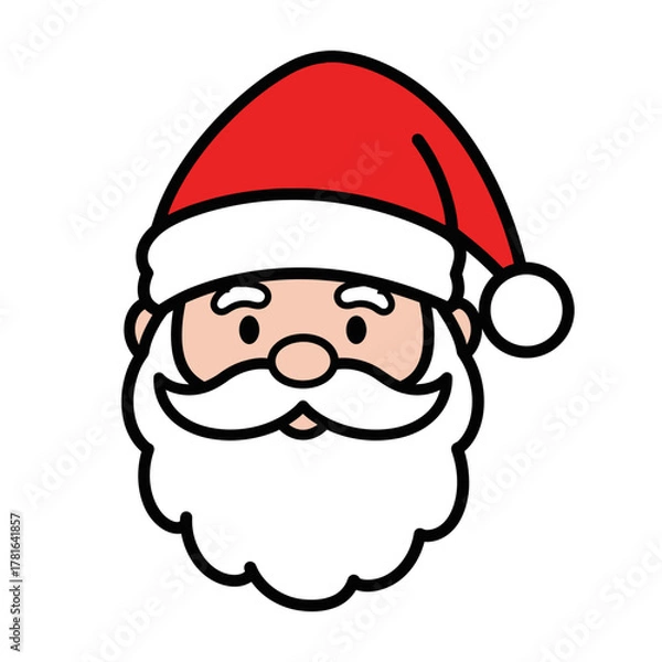 Fototapeta cute santa claus face with red hat and white beard, thick black lines, no shading, white background, easy to trace