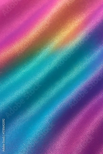 Fototapeta Ultra-realistic iridescent fabric texture with rainbow gradient hues of magenta, teal, gold, and violet in soft shimmering HDR light.

