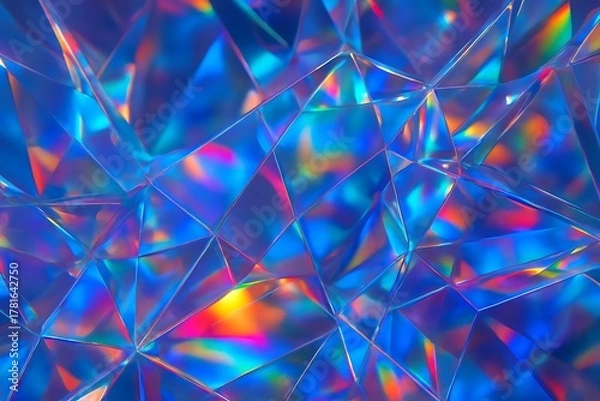 Fototapeta Ultra-realistic crystalline prism texture with refracted rainbow light, glassy geometric surfaces, and ray-traced luminous reflections.
