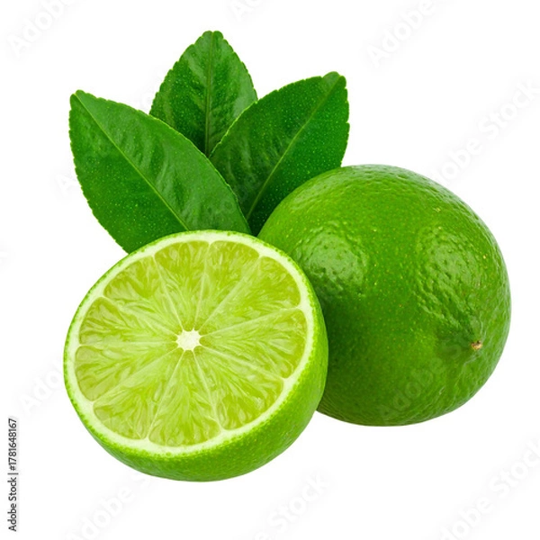Fototapeta Green limes with half slice and green leaves isolated on white or transparent background