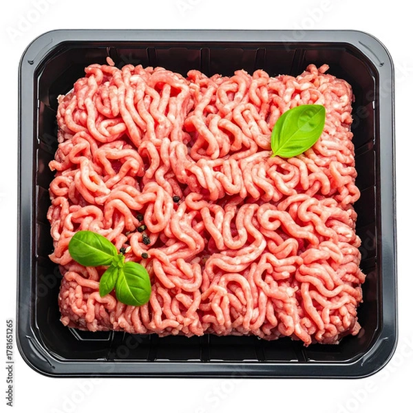 Fototapeta Raw fresh minced beef meat in black plastic tray isolated on white background