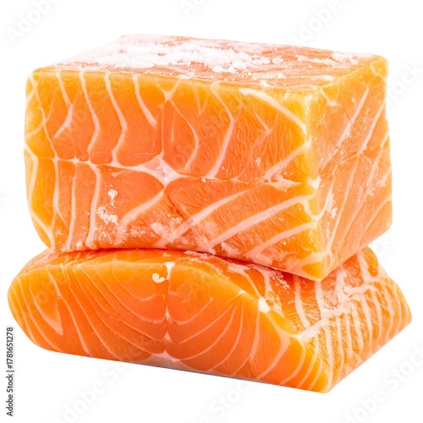 Fototapeta Raw frozen salmon fillet block isolated on white or transparent background
