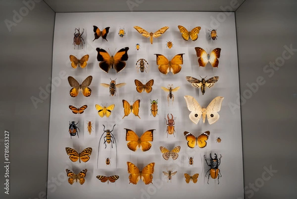 Obraz Close up of butterfly and insect specimens in display case.