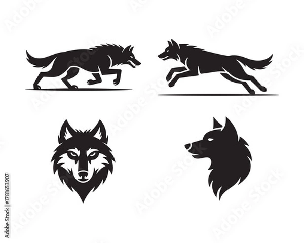 Fototapeta wolf vector silhouette Set, snow mountain silhouette, wolf set collection, wild wolf vector, wolf head vector, mountain landscape vector, wildlife illustration, majestic wolf Collection, wolf emblem s
