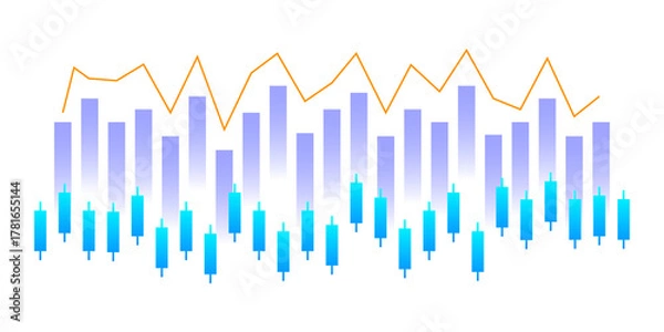 Fototapeta Bar Graph and Candlestick Chart with Orange Trend Line for Financial Market Analysis Isolated on PNG