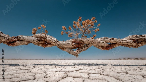 Fototapeta Minimalist Twisted Branch on Dry Lakebed.