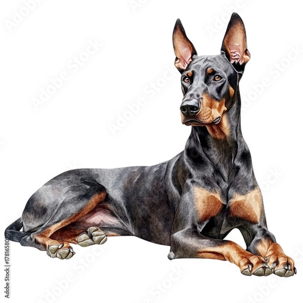Fototapeta Majestic doberman pinscher dog with alert ears lying down on a transparent background isolated on transparent background