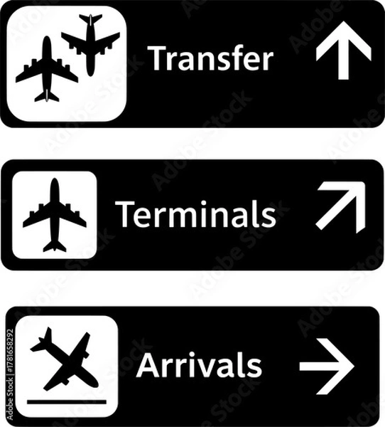 Obraz Airport Navigation Signs Set: Transfer, Terminals, and Arrivals Icons
