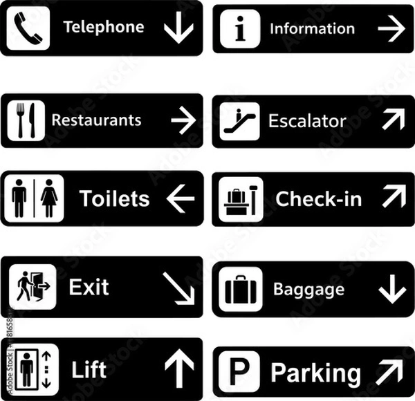 Obraz Public Directional Signs Set: Airport, Mall, and Building Navigation Icons