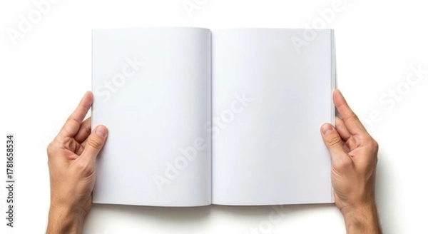 Fototapeta Hands Holding Blank Open White Book Mockup Isolated on White