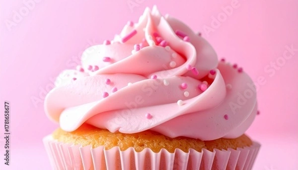 Fototapeta Soft pink frosting and candy sprinkles. The fluffy sponge cake sits in a pink paper container with a matching pastel pink background.e