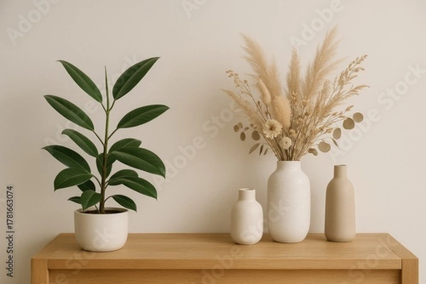 Obraz Minimalist Shelf Display with Ficus Plant and Dried Floral Arrangement in Neutral Tones dried flowers