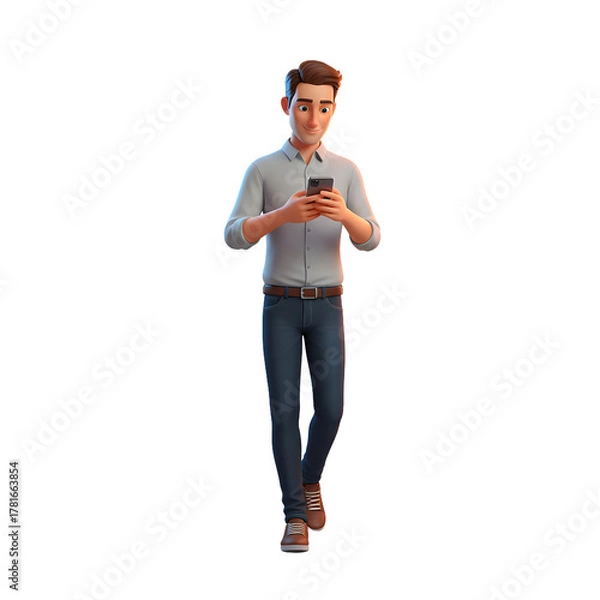 Fototapeta man checking smartphone while walking, casual office wear