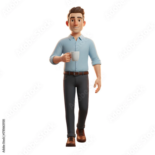 Fototapeta man walking with coffee cup, relaxed posture
