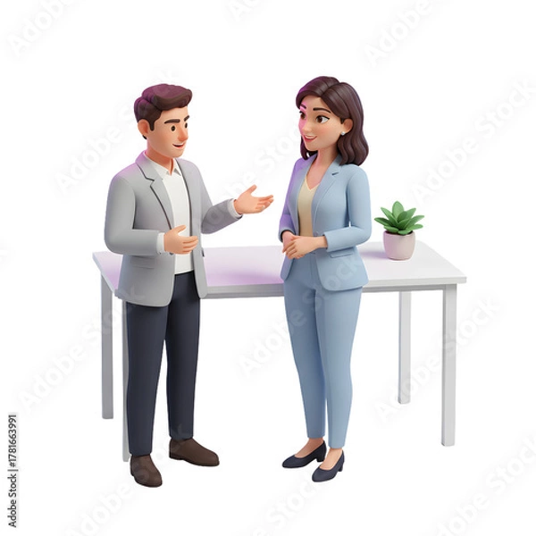 Fototapeta two office colleagues talking together, friendly expressions