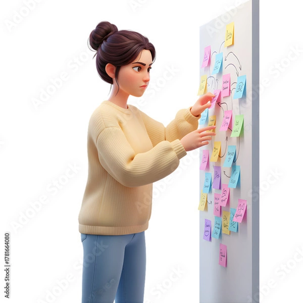 Fototapeta a woman brainstorming ideas, placing sticky notes on wall, focused expression