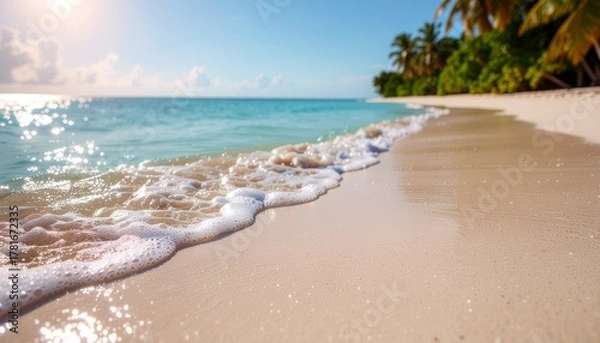 Fototapeta Soft waves gently touch the white sandy beach under a bright tropical sky with turquoise sea and palm trees