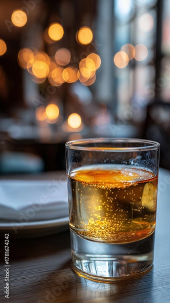 Fototapeta glass of whiskey on the table blurry background bar club vertical mobile format wallpaper