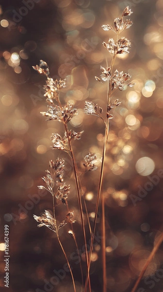 Fototapeta bokeh glitter golden foliage dew drops blurry background unfocused backdrop mobile vertical format wallpaper