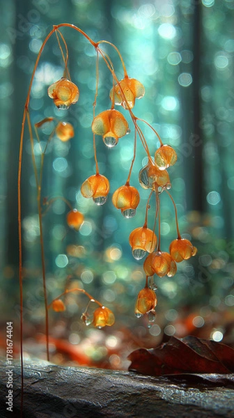 Fototapeta autumn leaves in the rain in forest nature orange green blurry background unfocused backdrop mobile vertical format wallpaper